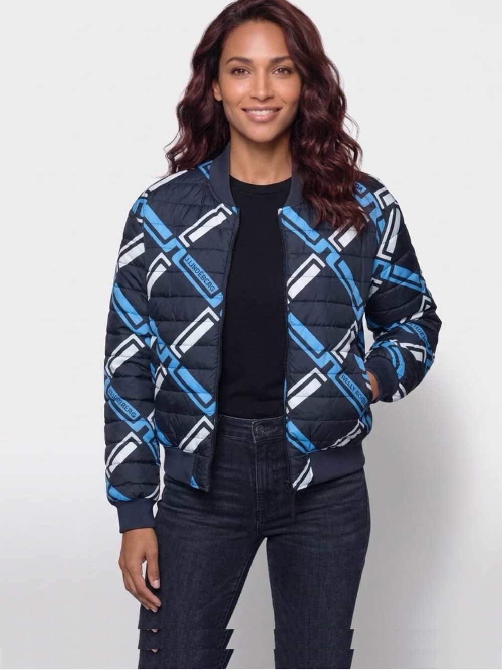 J.Lindeberg reversible Blue & Black Quilted Geometric Bomber Jacket. NWT